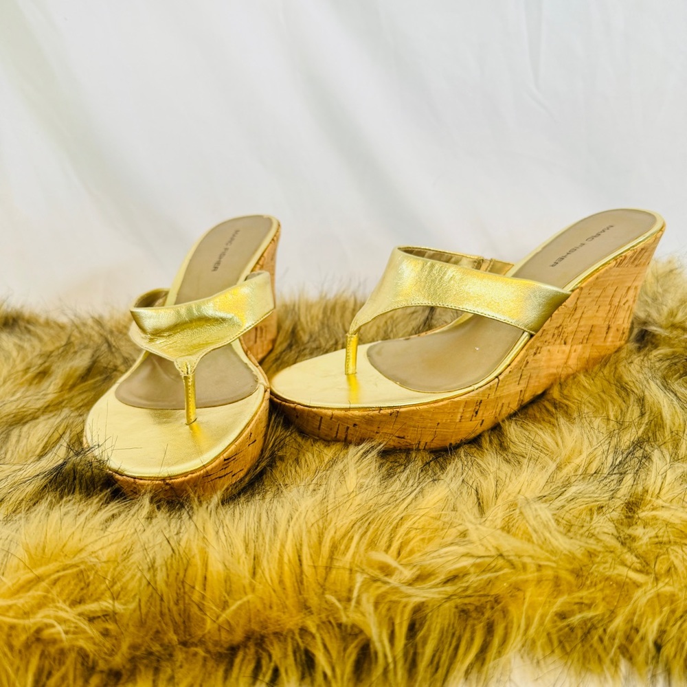 Marc Fisher Gold Cork Wedge Leather Sandals Sz 8